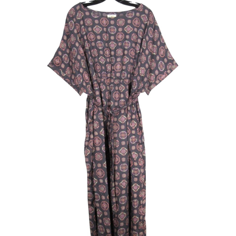 WORLD MARKET Gray/Multi BOHEMIAN V-Neck SIDE POCKETS Maxi KAFTAN DRESS Sz L/X